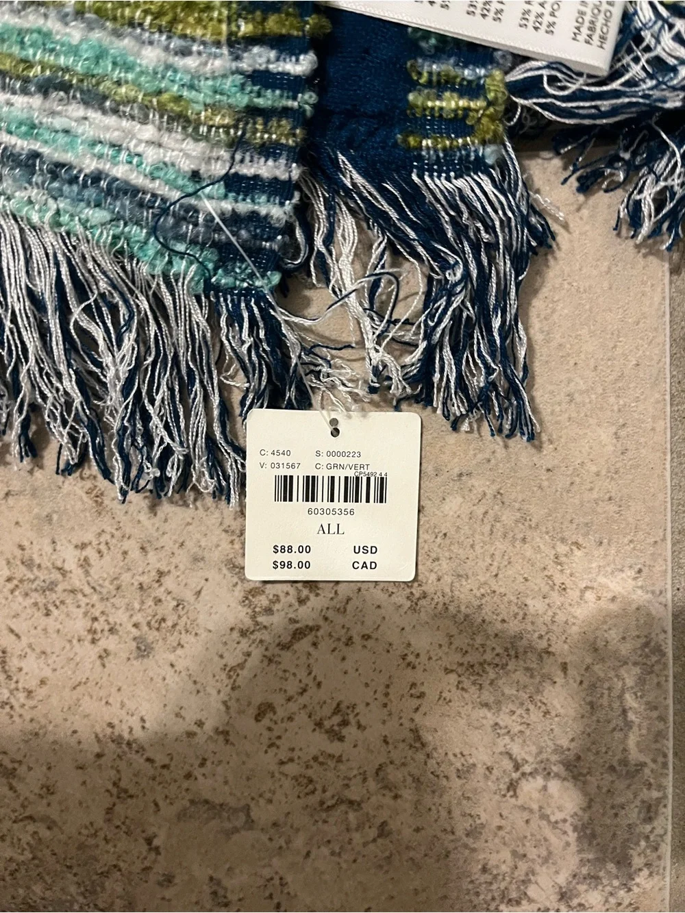 Anthropologie Fringed Ines Throw Blanket Green Blue NWT
